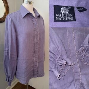 Madison Mathews Linen Blouse Lilac Lace Trim Button Front Boho Top Sz L